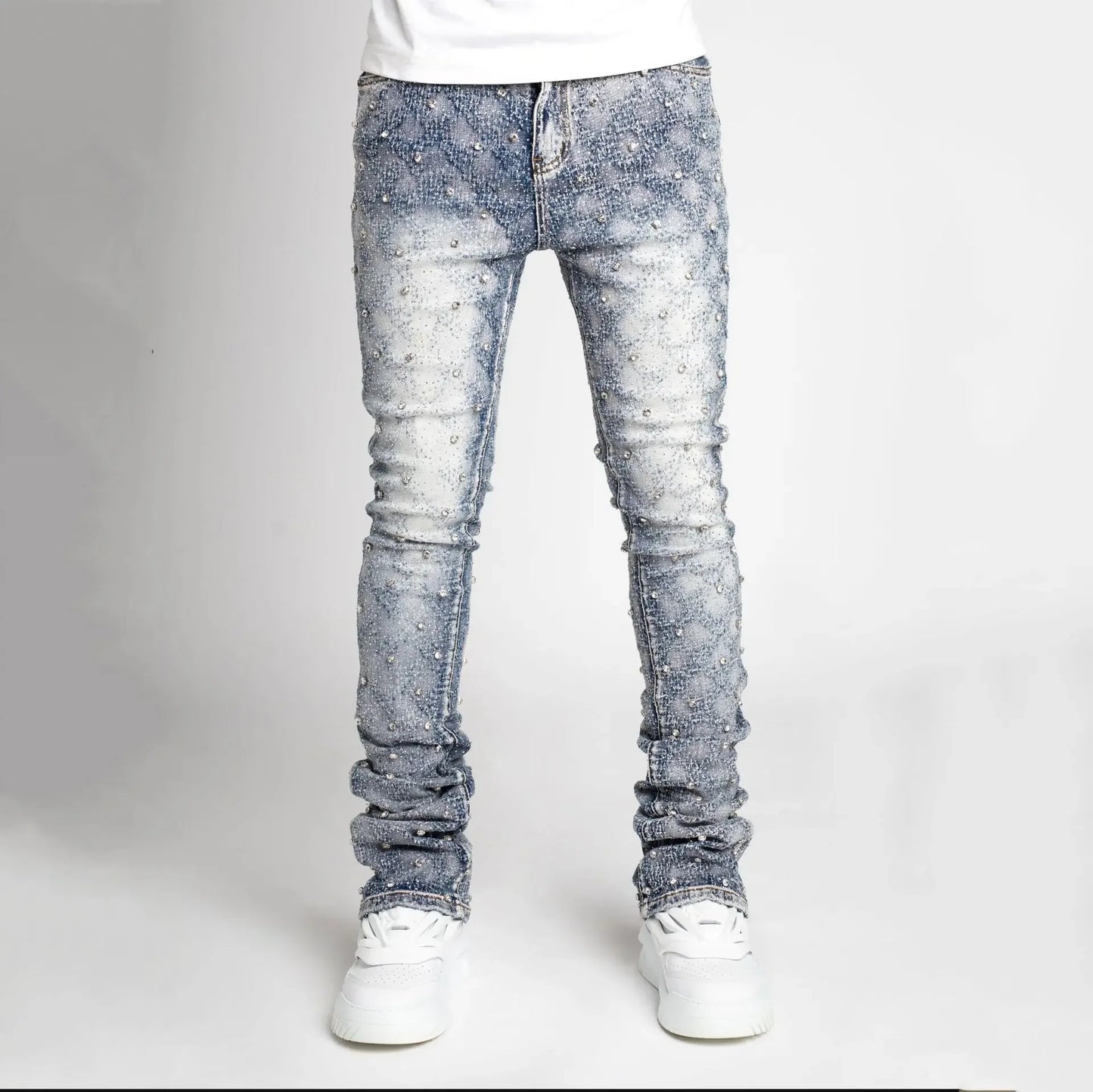 Mens Jeans Fashion Straight Stretch Pearl Denim Laminated Pants for Men