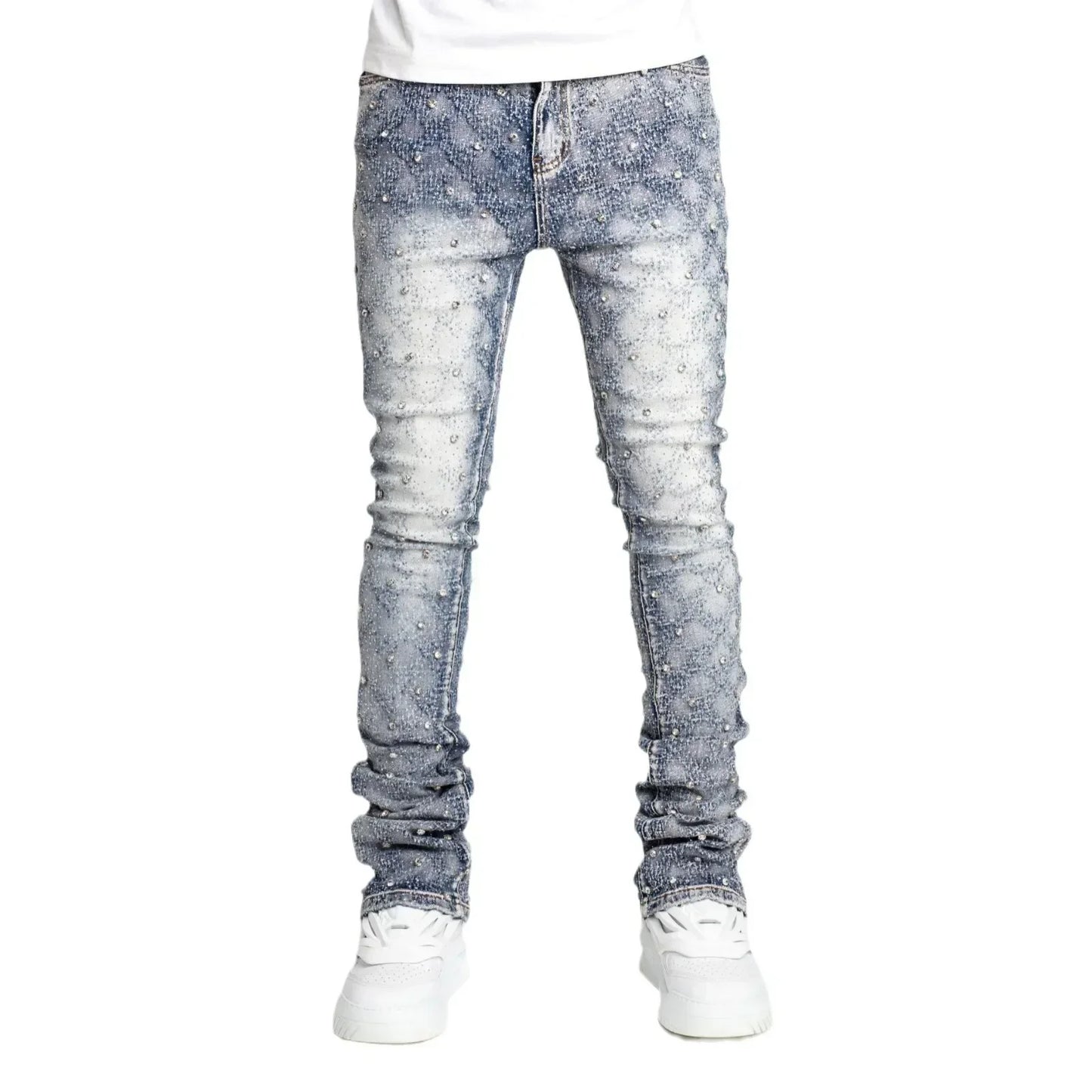 Mens Jeans Fashion Straight Stretch Pearl Denim Laminated Pants for Men