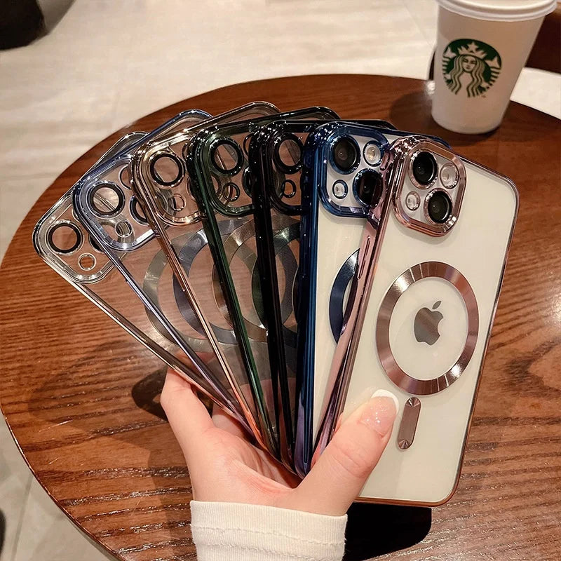 Plating Magnetic Case For iPhone 16 15 14 13 12 11 Pro Max 14 Plus Camera Lens Protector Fashion Wireless Charging case