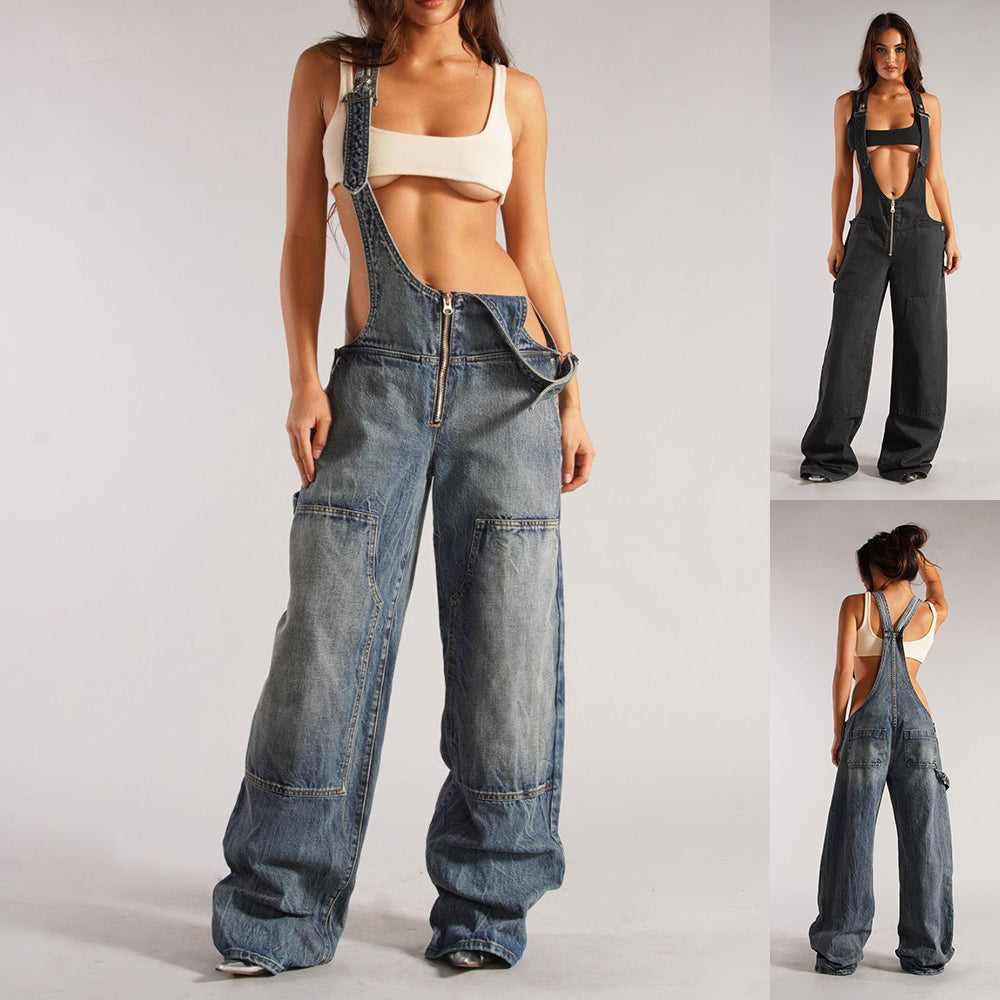 Y2K Denim Overalls with Pockets - Fashionable Loose-Fit Suspender Jumpsuit for Women