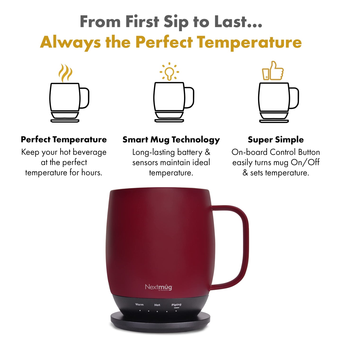 Nextmug - Temperature-Controlled, Self-Heating Coffee Mug (Black - 415 mL)