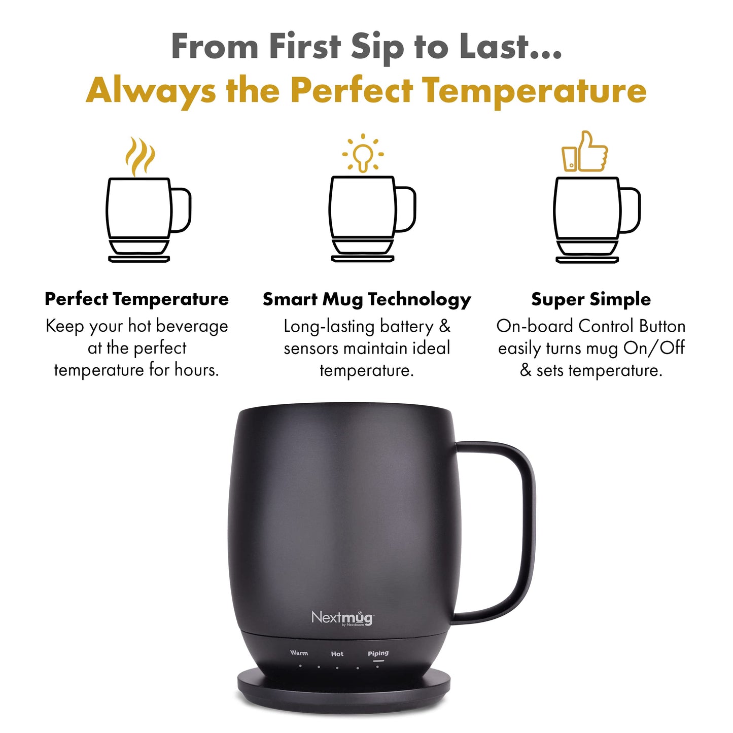 Nextmug - Temperature-Controlled, Self-Heating Coffee Mug (Black - 415 mL)