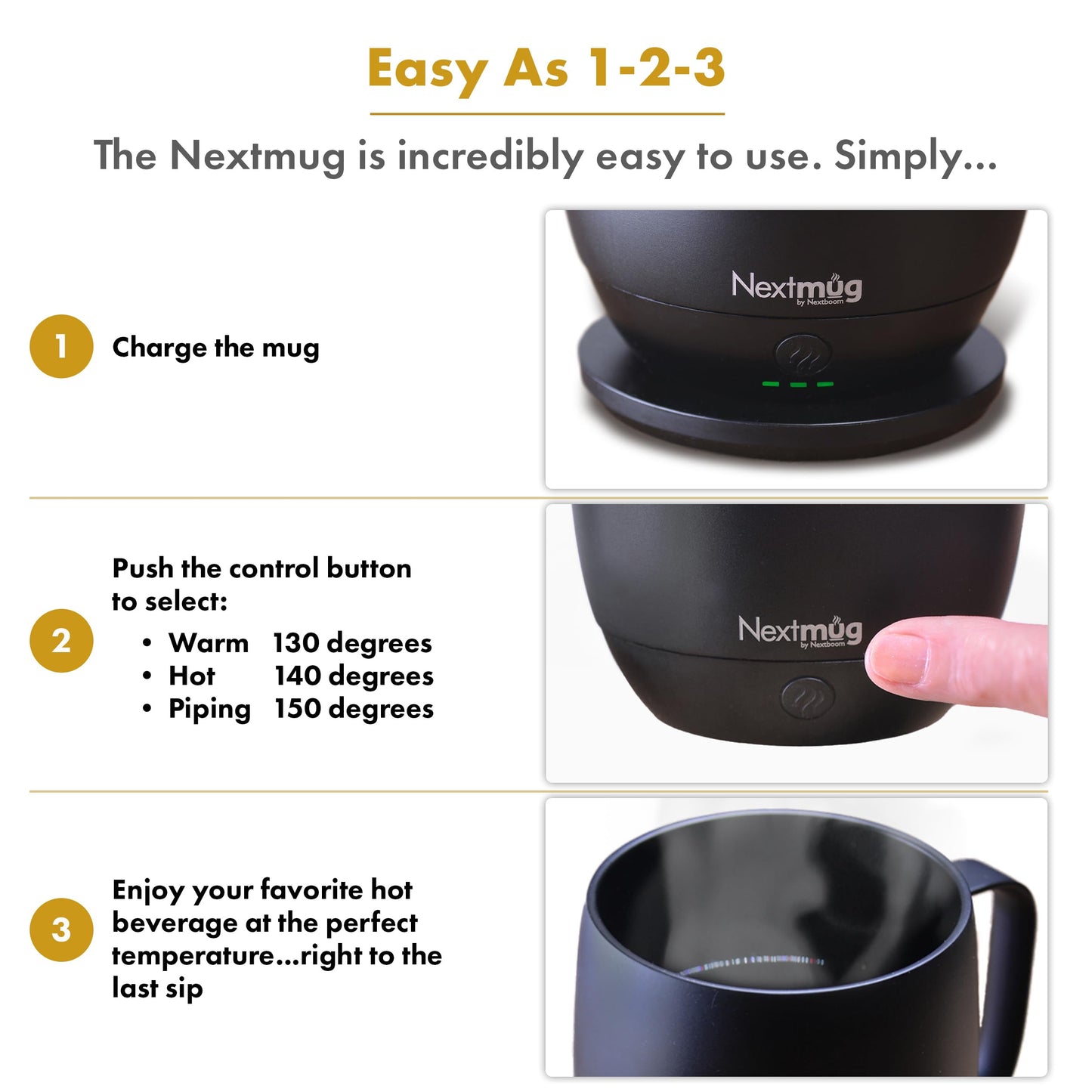 Nextmug - Temperature-Controlled, Self-Heating Coffee Mug (Black - 415 mL)