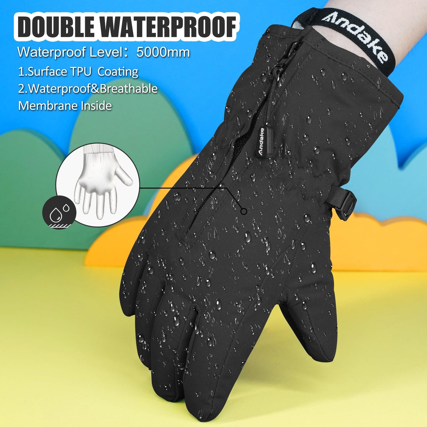 Andake Kids Gloves Winter Snow Waterproof Mittens for Girls Boys Children (Black, XXS (Fits 3-6Y))