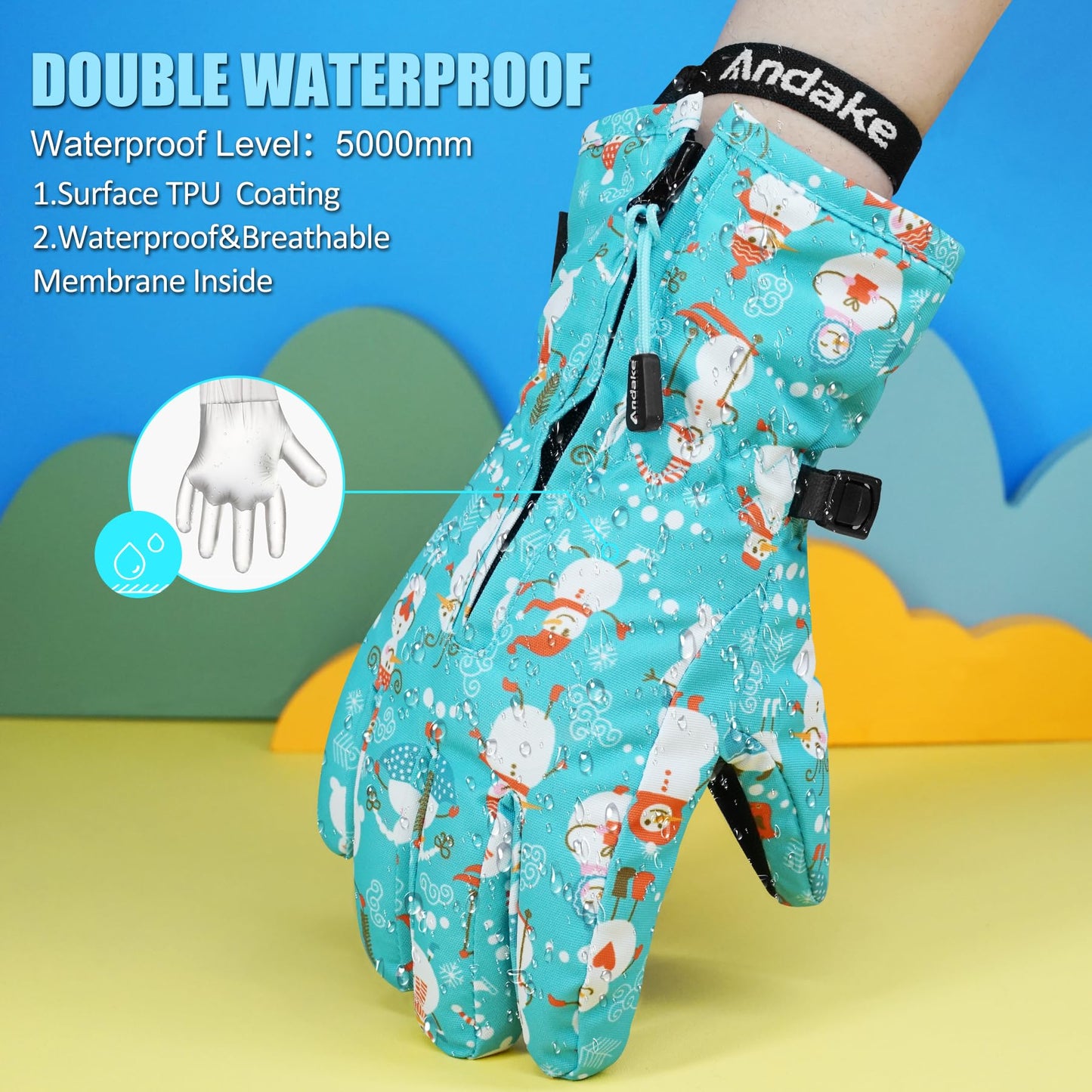 Andake Kids Gloves Winter Snow Waterproof Mittens for Girls Boys Children (Black, XXS (Fits 3-6Y))